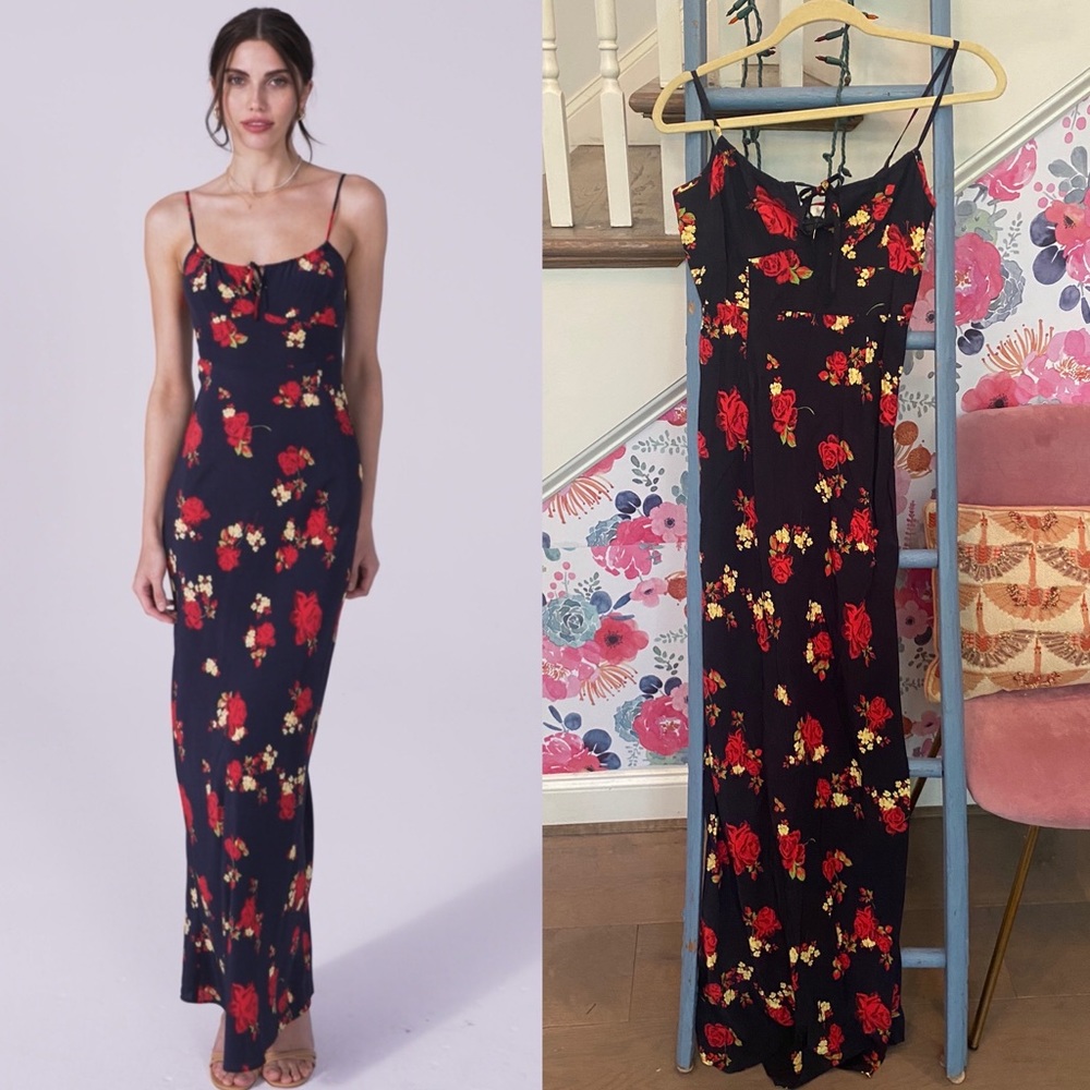 Favorite Daughter Black Maxi Dress with Red & Yellow Floral Print
